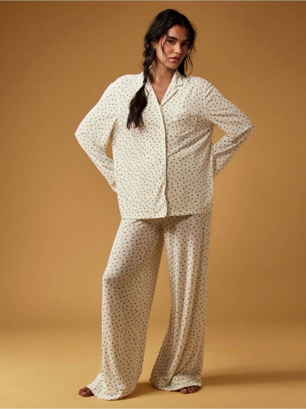 Missguided Cream Printed Long Pajama Set with Subtle Motif